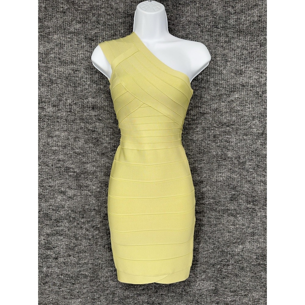 Herve‎ Leger Jessamine Dress Womens XS Yellow One Shoulder Bandage Bodycon Mini